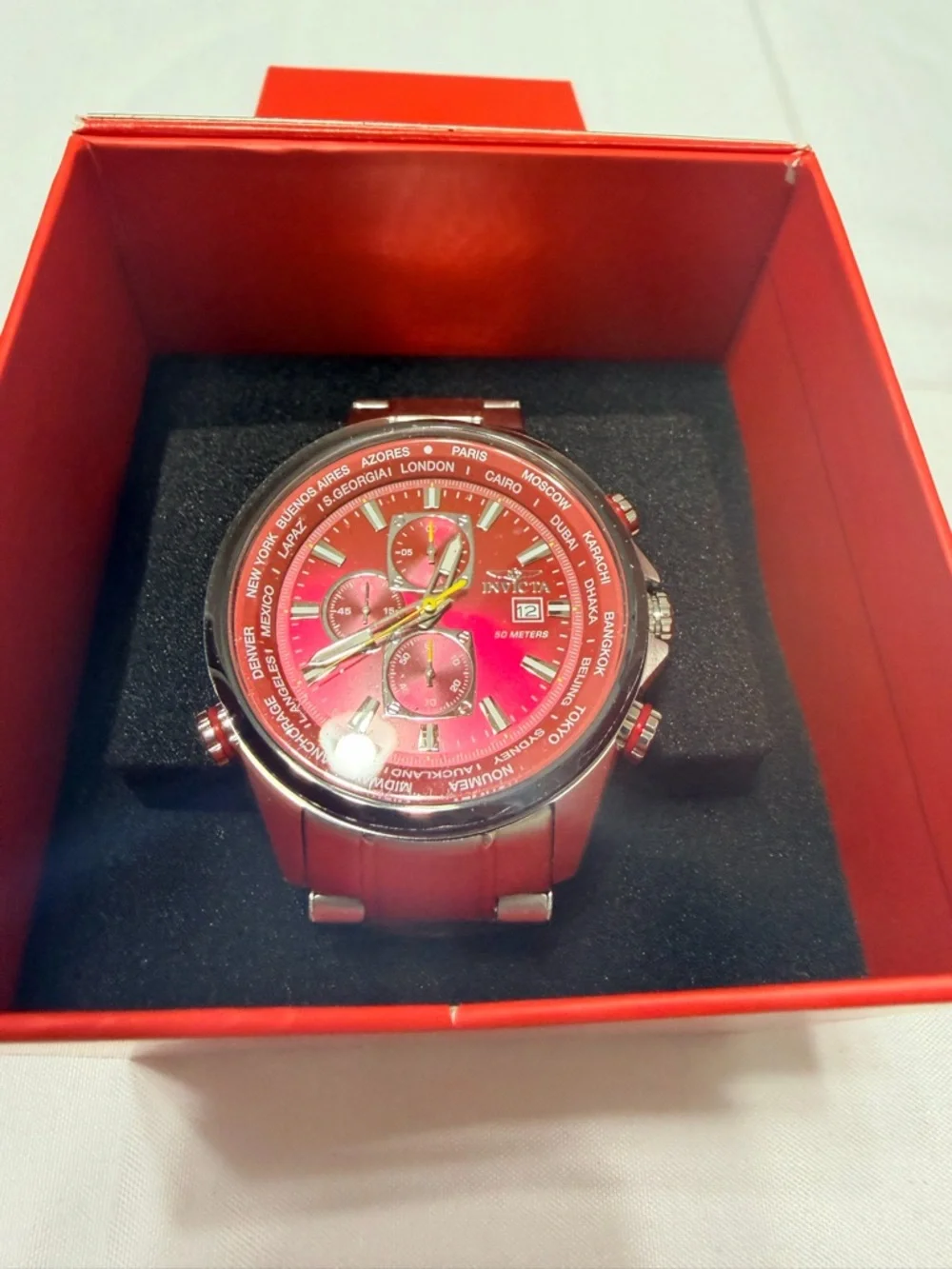 Invicta Red Dial Chronograph Stainless Steel Watch 50mm